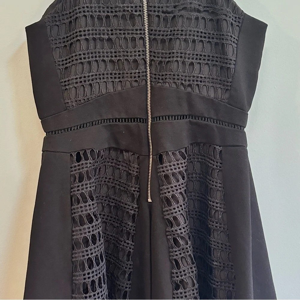 Adelyn Rae black eyelet overlay fit and flare dress, size medium